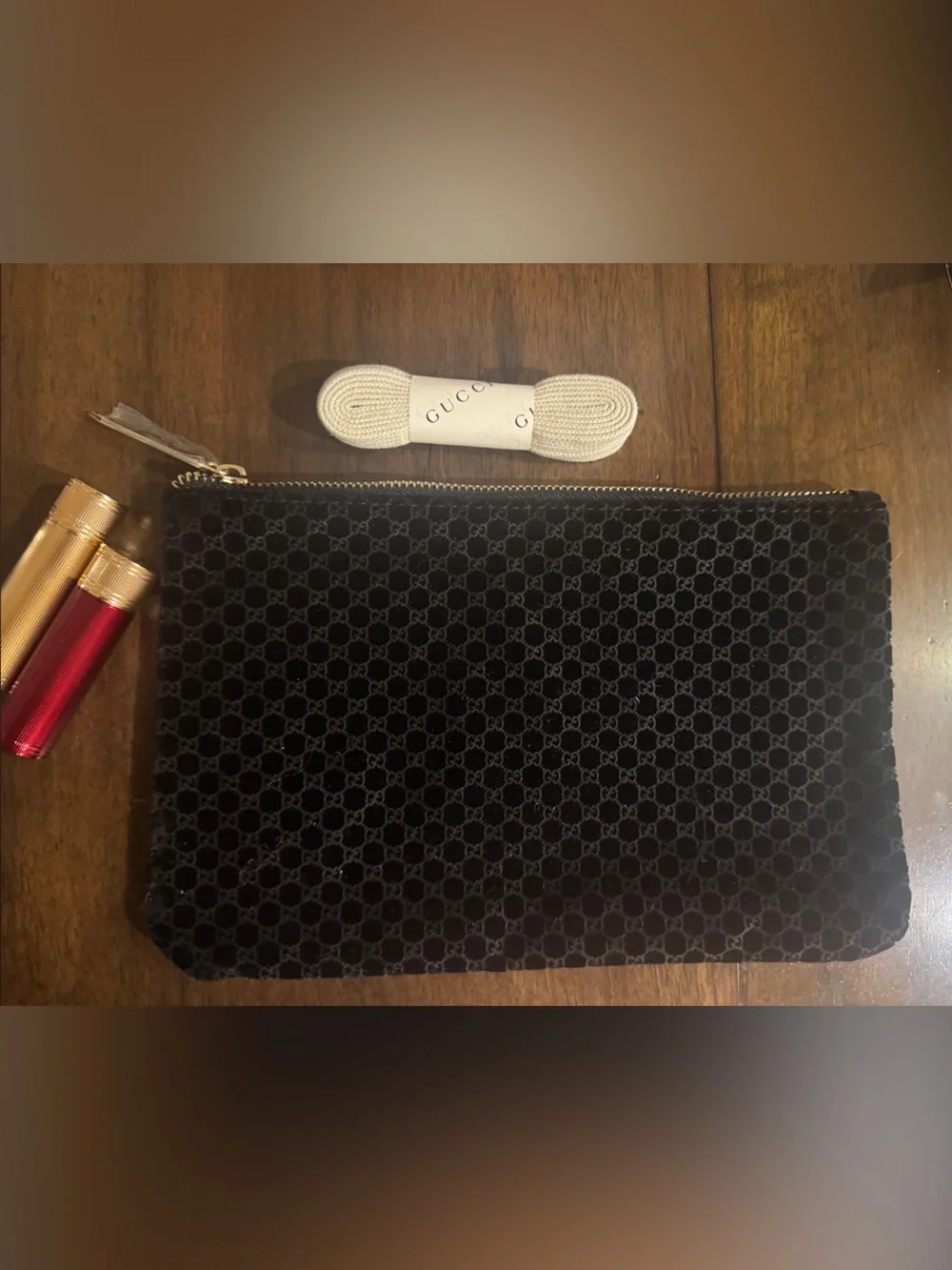 Gucci Bundle of Black Velvet Monogram Zip Pouch, Lipsticks & Laces